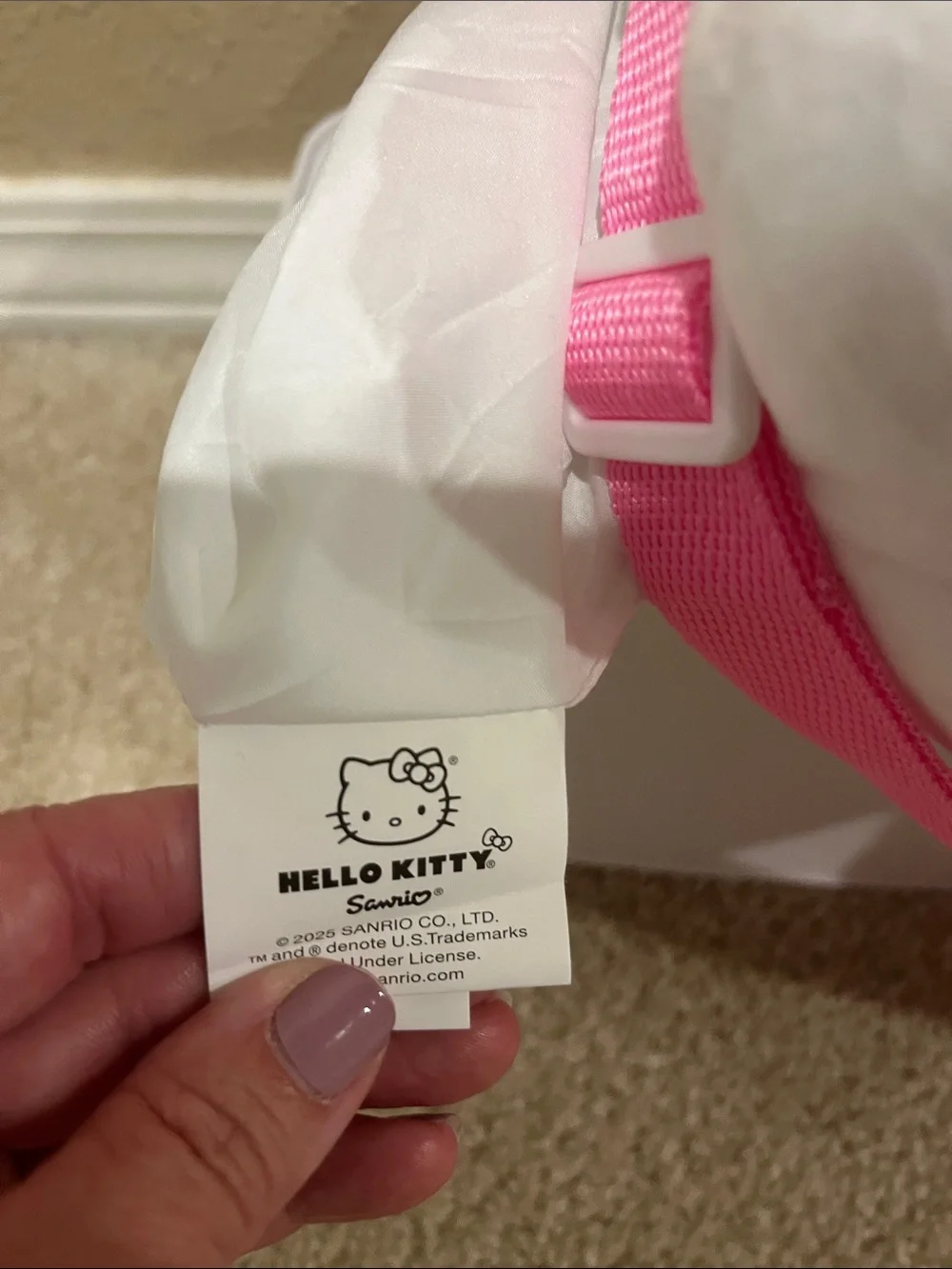 Hello Kitty Plush Backpack - White with Iridescent Rainbow Bow and Overalls